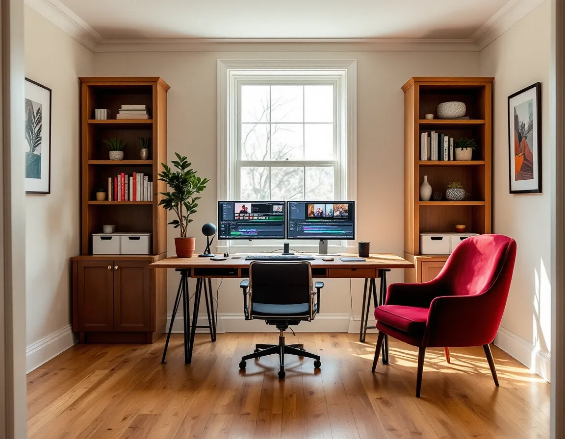A symmetrical editing room with a walnut desk under a tall window and two monitors showing a video timeline