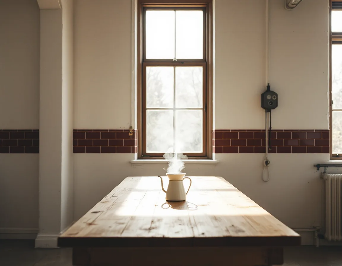 The same kettle pouring a thin stream on a clean oak bench in soft window light