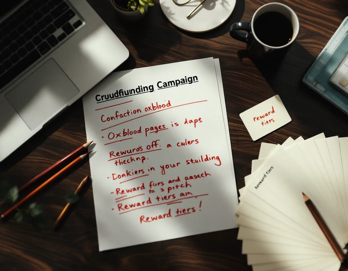 A printed campaign page draft marked up in red pencil beside a fan of reward-tier index cards on a walnut desk