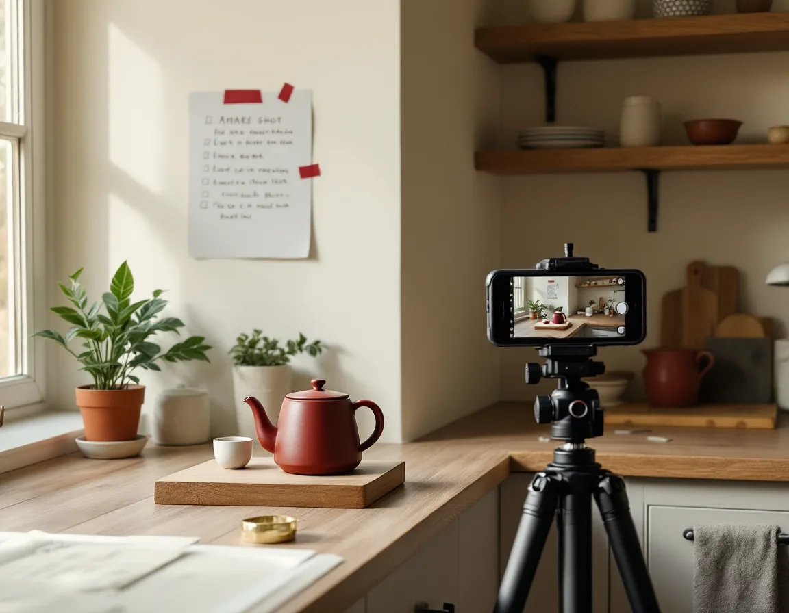 A phone on a tripod filming hands pouring from a ceramic kettle, with a handwritten shot list taped to the wall