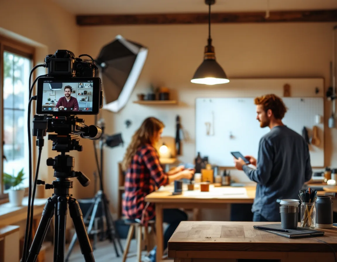 A home workshop shoot with a camera on a tripod and a tablet showing a remote director on a video call